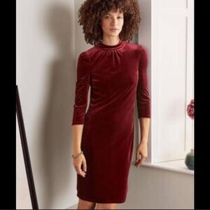Boden Livia Velvet Shift Dress US 4 Ruby Red Gathered Neck Sleeves Party